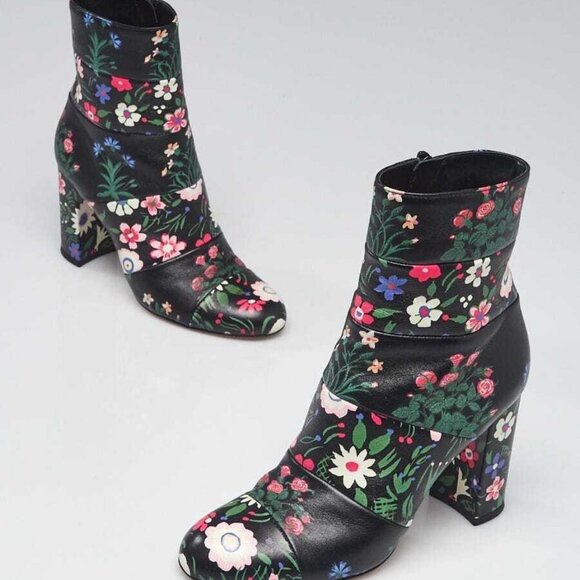 Valentino Black Floral Printed Leather Ankle Boots Size 4.5/35 - Picture 1 of 5